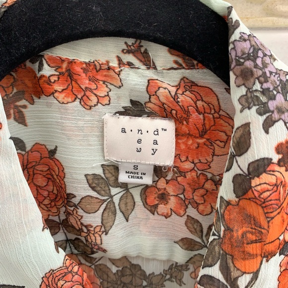 A New Day Orange Cream Floral Sheer Button Down Blouse - Picture 3 of 4